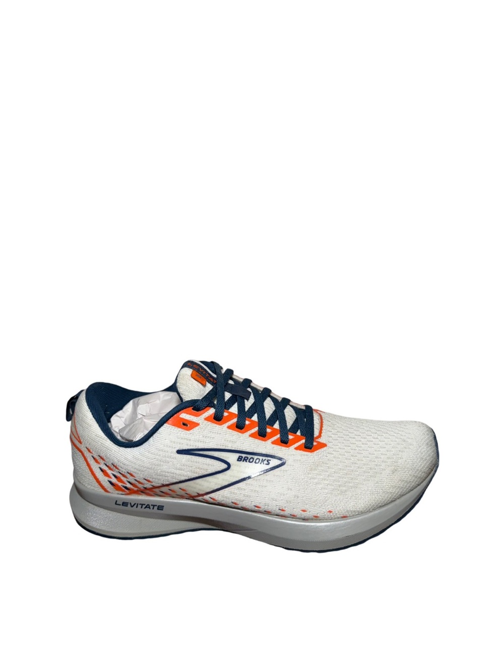 Brooks Levitate Men’s White & Navy Running Shoe with Orange Accents size 8.5